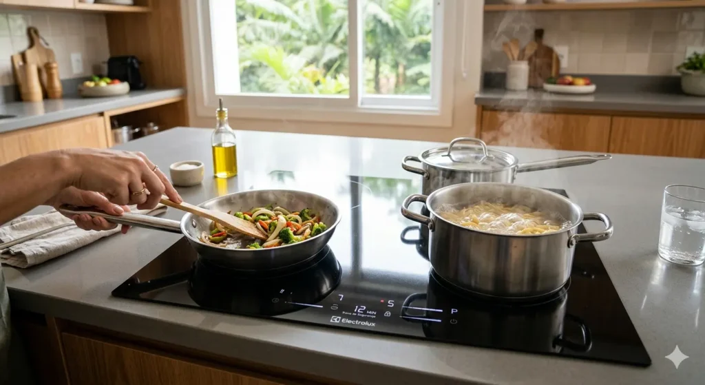 Cozinha moderna com o melhor cooktop indução 2026 de quatro bocas.