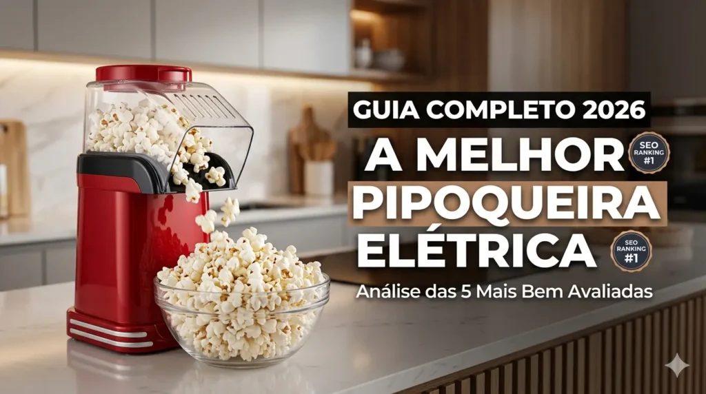 Banner mostrando a melhor pipoqueira elétrica funcionando com pipocas prontas ao lado.