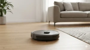 Fotografia premium de um robô aspirador moderno operando em uma sala de estar limpa e minimalista, representando o melhor robô aspirador de 2026 em uso.