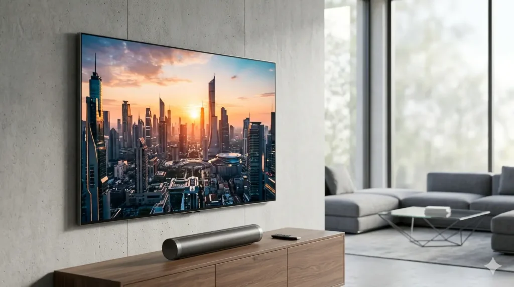 Fotografia de produto premium de um televisor MicroLED de 75 polegadas ultra-fino de 2026, exibindo uma cena de filme vibrante e futurista em uma sala de estar elegante e bem iluminada, representando o melhor televisor.