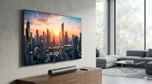 Fotografia de produto premium de um televisor MicroLED de 75 polegadas ultra-fino de 2026, exibindo uma cena de filme vibrante e futurista em uma sala de estar elegante e bem iluminada, representando o melhor televisor.