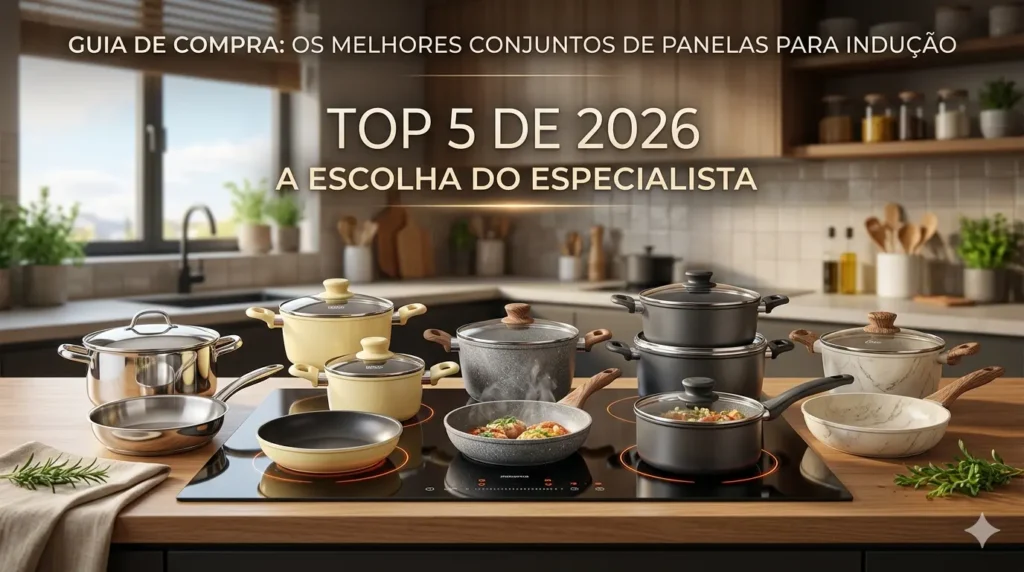 Banner de blog com cinco conjuntos de panelas para indução sobre um cooktop em cozinha moderna, com o texto "TOP 5 DE 2026"