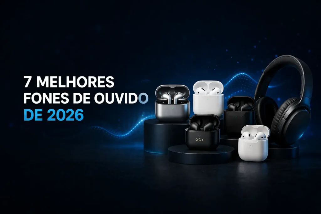 Banner com os melhores fones de ouvido de 2026 em destaque com design moderno e fundo tecnológico escuro